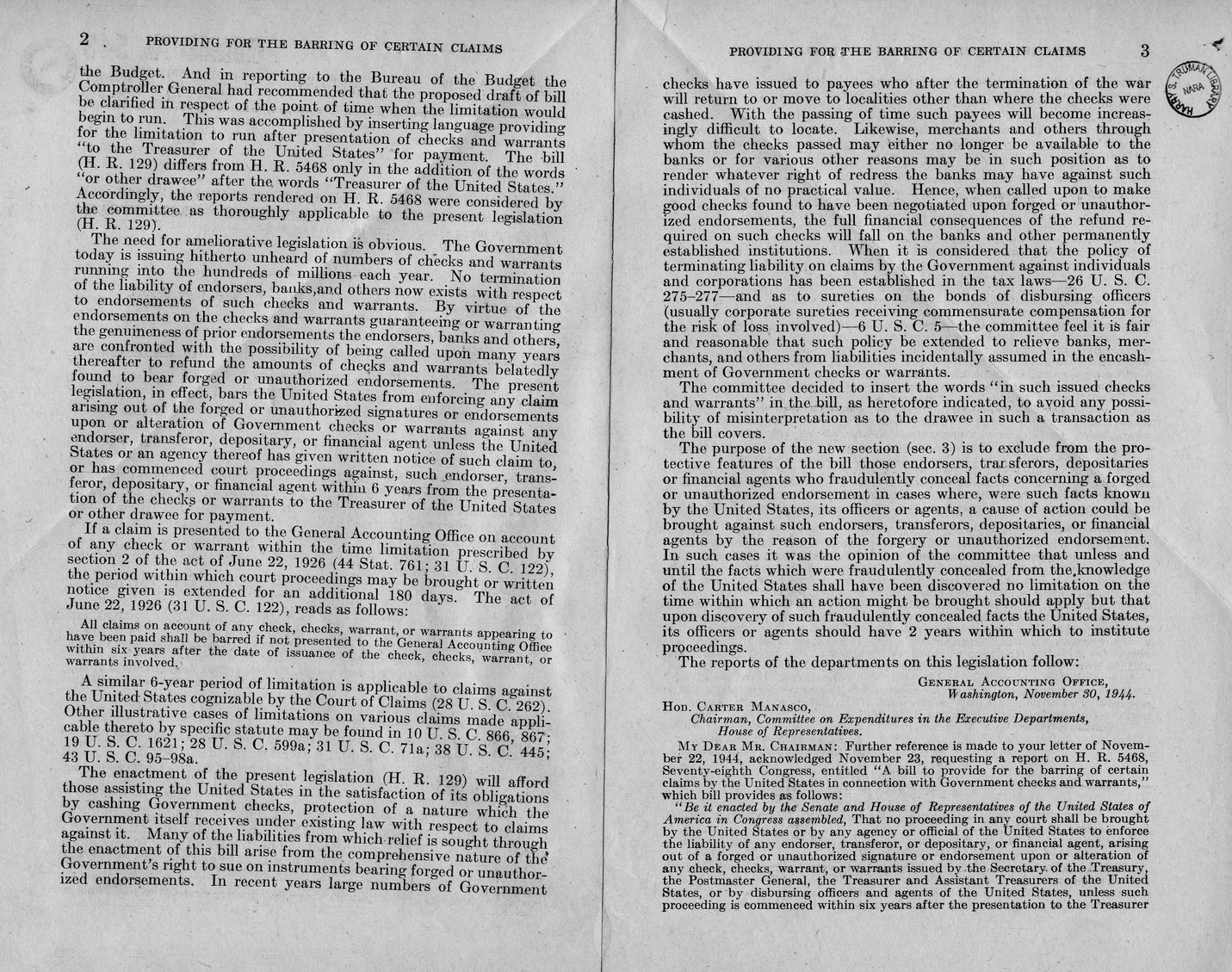 Memorandum from Paul H. Appleby to M. C. Latta, H. R. 129, To Provide for the Barring of Certain Claims by the United States in Connection With Government Checks and Warrants, with Attachments