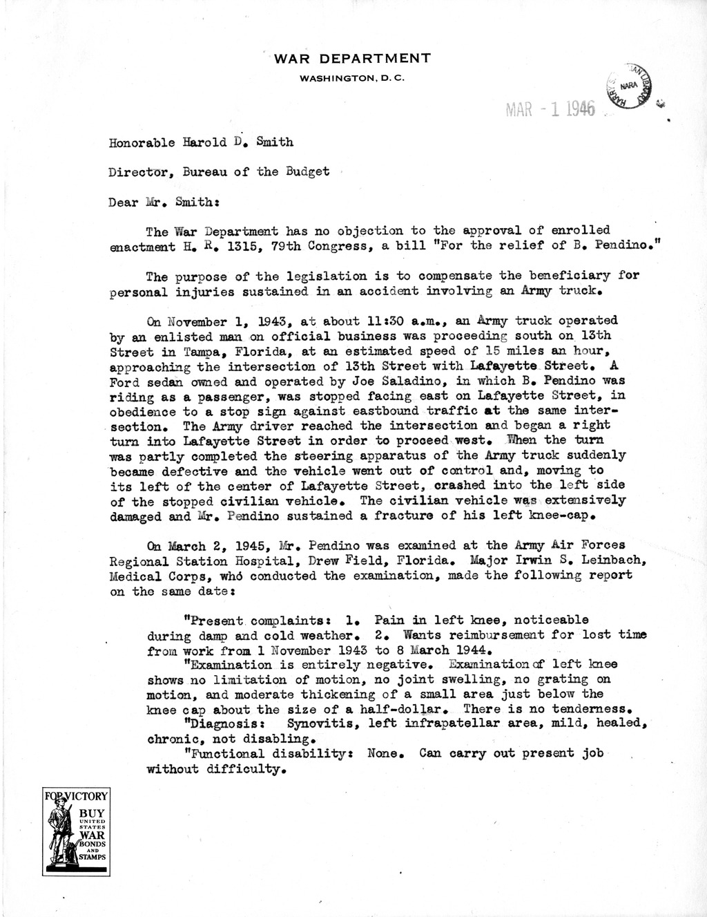 Memorandum from Frederick J. Bailey to M. C. Latta, H. R. 1315, For the Relief of B. Pendino, with Attachments