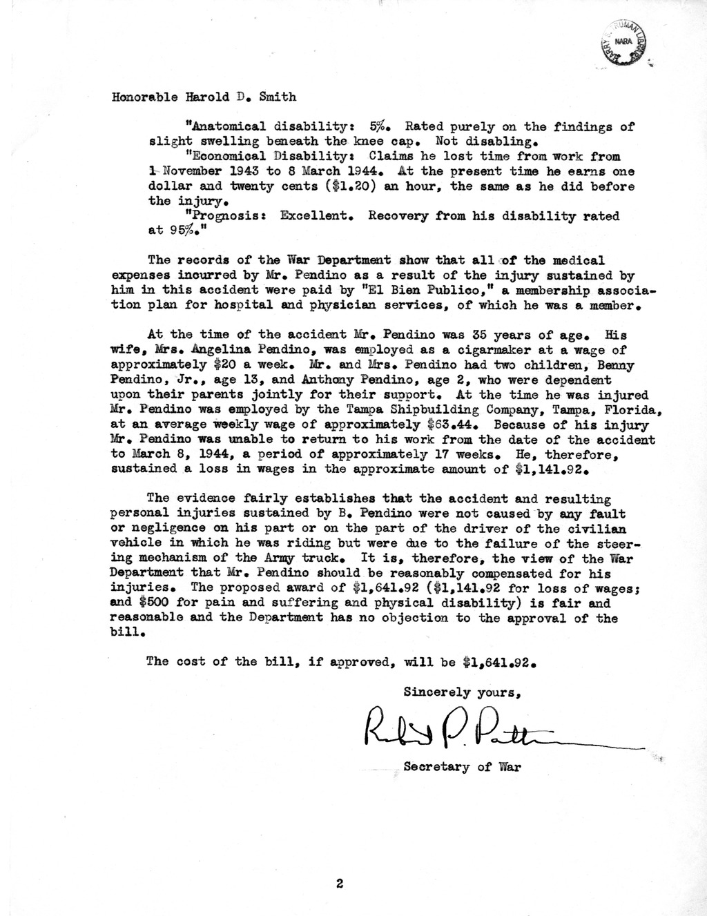 Memorandum from Frederick J. Bailey to M. C. Latta, H. R. 1315, For the Relief of B. Pendino, with Attachments