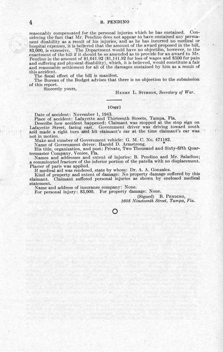 Memorandum from Frederick J. Bailey to M. C. Latta, H. R. 1315, For the Relief of B. Pendino, with Attachments