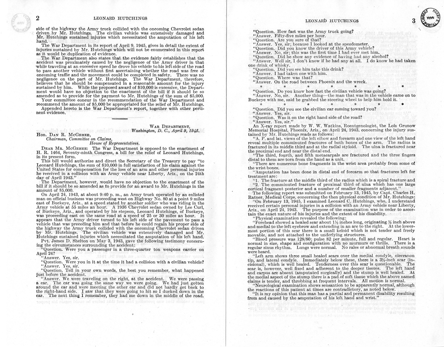 Memorandum from Frederick J. Bailey to M. C. Latta, H. R. 1464, For the Relief of Leonard Hutchings, with Attachments