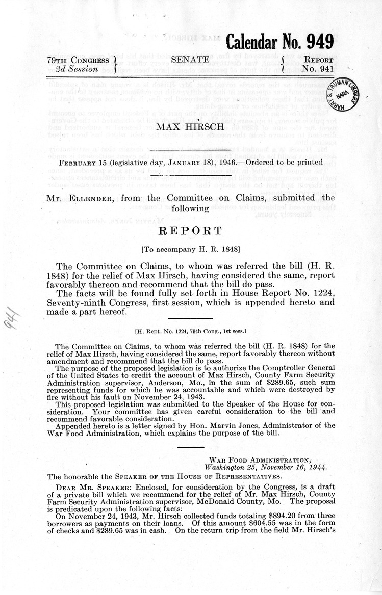 Memorandum from Frederick J. Bailey to M. C. Latta, H. R. 1848, For the Relief of Max Hirsch, with Attachments