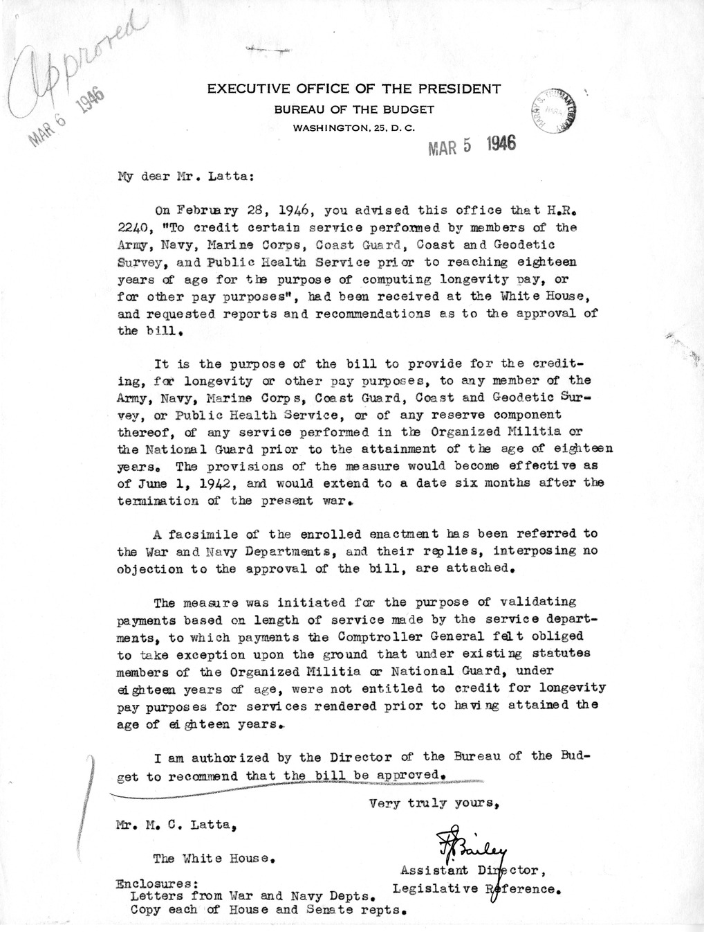 Memorandum from Frederick J. Bailey to M. C. Latta, H. R. 2240, To Credit Certain Service Performed by Members of the Army, Navy, Marine Corps, Coast Guard, Coast and Geodetic Survey, and Public Health Service Prior to Reaching Eighteen Years of Age for the Purpose of Computing Longevity Pay, with Attachments