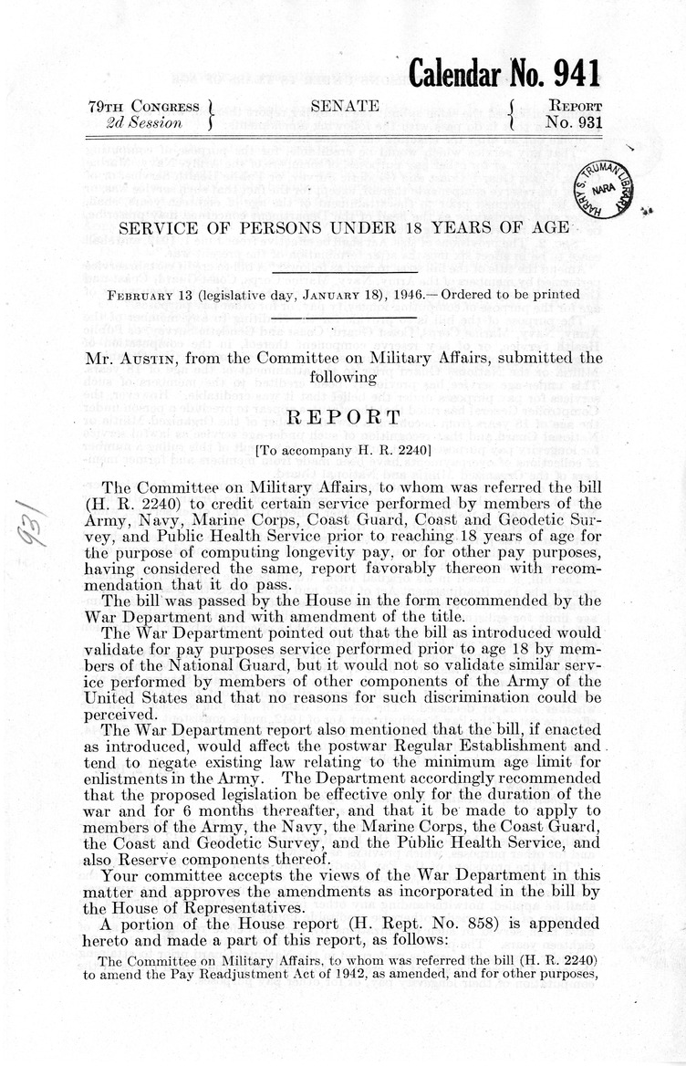 Memorandum from Frederick J. Bailey to M. C. Latta, H. R. 2240, To Credit Certain Service Performed by Members of the Army, Navy, Marine Corps, Coast Guard, Coast and Geodetic Survey, and Public Health Service Prior to Reaching Eighteen Years of Age for the Purpose of Computing Longevity Pay, with Attachments
