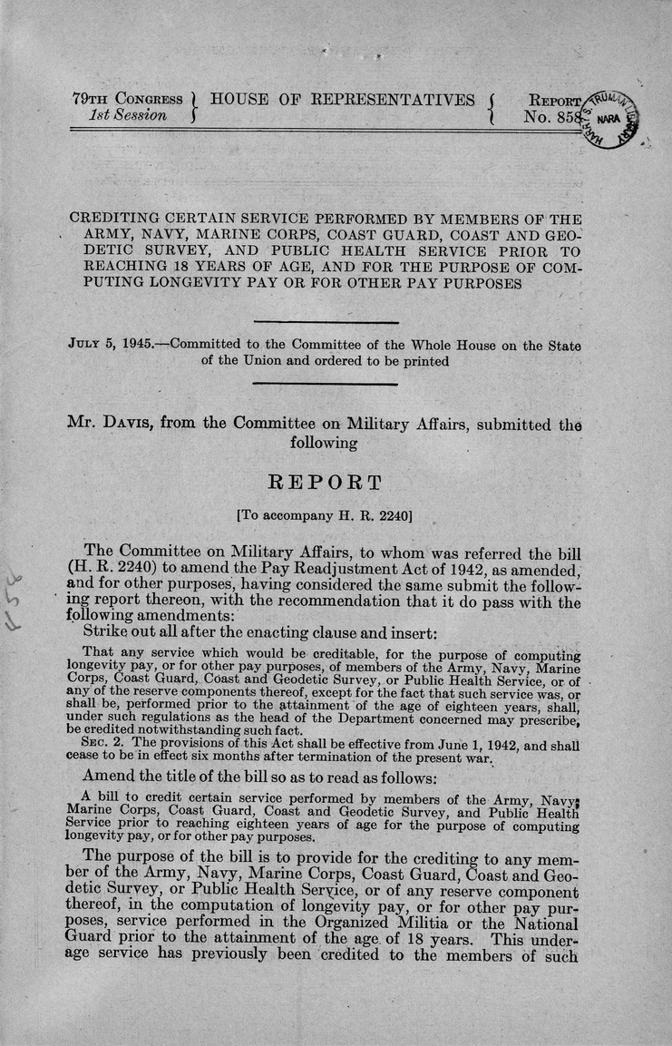 Memorandum from Frederick J. Bailey to M. C. Latta, H. R. 2240, To Credit Certain Service Performed by Members of the Army, Navy, Marine Corps, Coast Guard, Coast and Geodetic Survey, and Public Health Service Prior to Reaching Eighteen Years of Age for the Purpose of Computing Longevity Pay, with Attachments