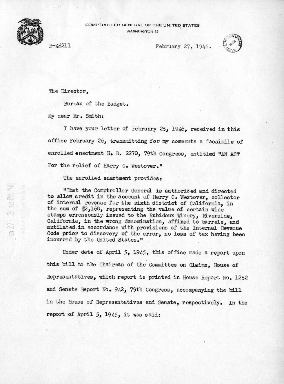 Memorandum from Frederick J. Bailey to M. C. Latta, H. R. 2270, For the Relief of Harry C. Westover, with Attachments