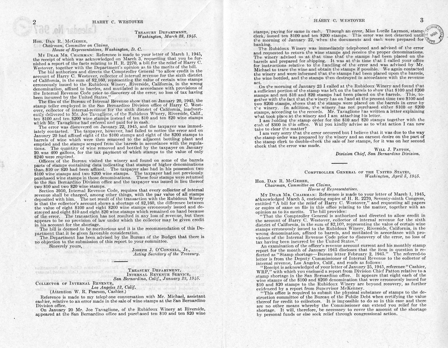 Memorandum from Frederick J. Bailey to M. C. Latta, H. R. 2270, For the Relief of Harry C. Westover, with Attachments