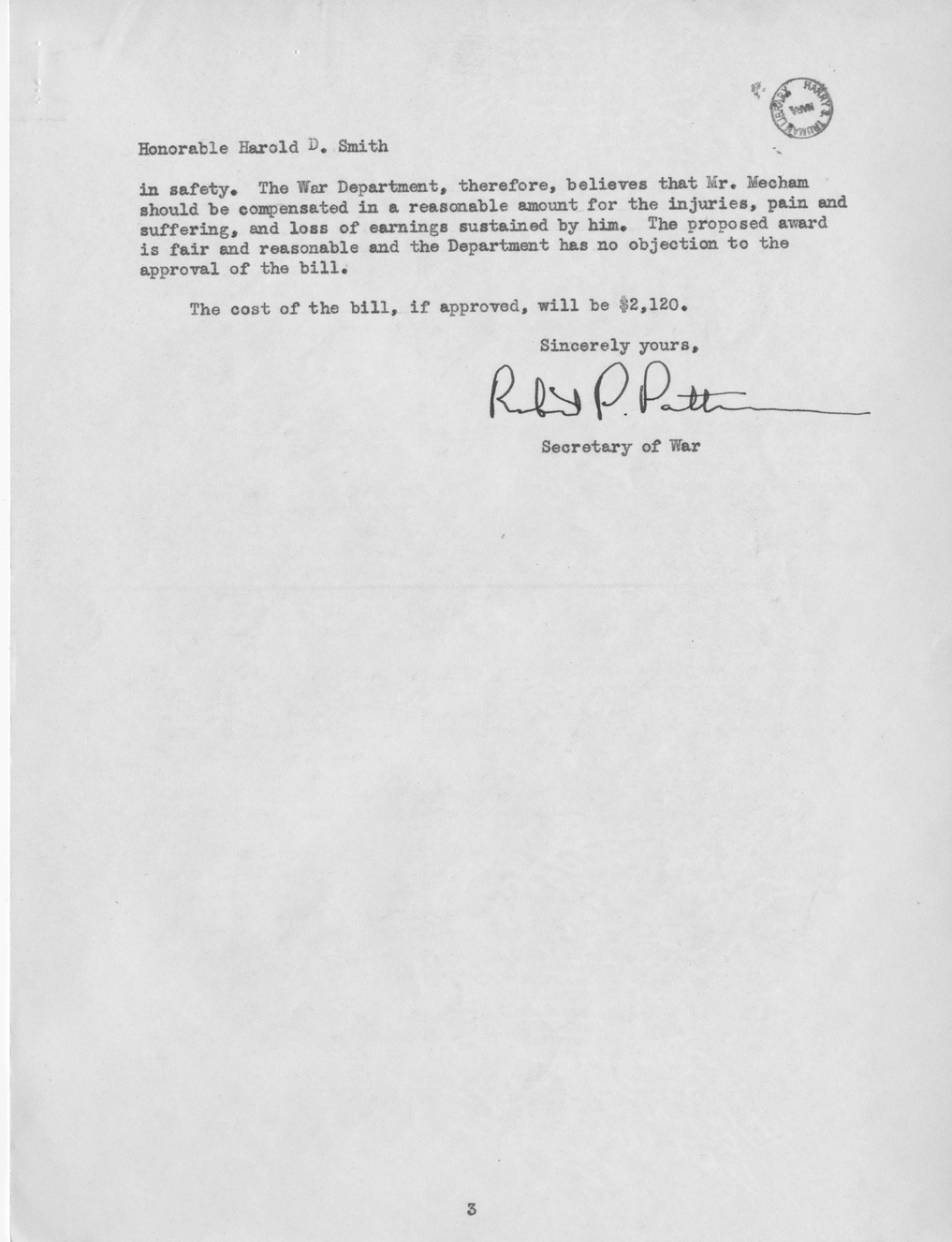 Memorandum from Frederick J. Bailey to M. C. Latta, H. R. 2289, For the Relief of Arnold Mecham, with Attachments