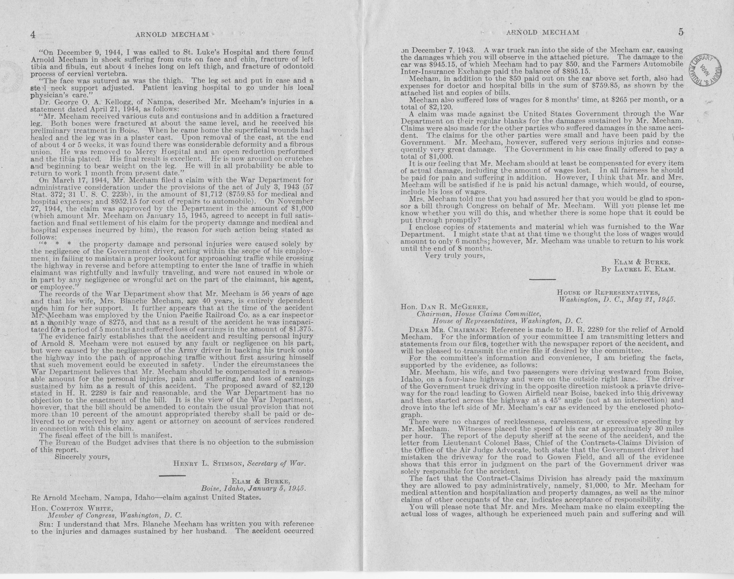 Memorandum from Frederick J. Bailey to M. C. Latta, H. R. 2289, For the Relief of Arnold Mecham, with Attachments