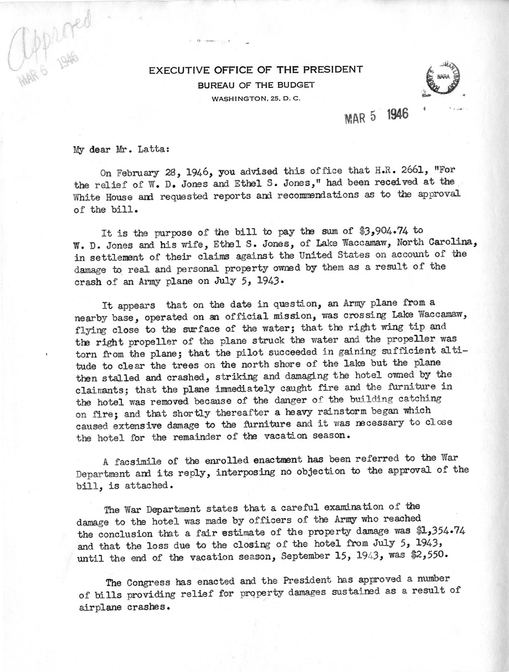 Memorandum from Frederick J. Bailey to M. C. Latta, H. R. 2661, For the Relief of W. D. Jones and Ethel S. Jones, with Attachments