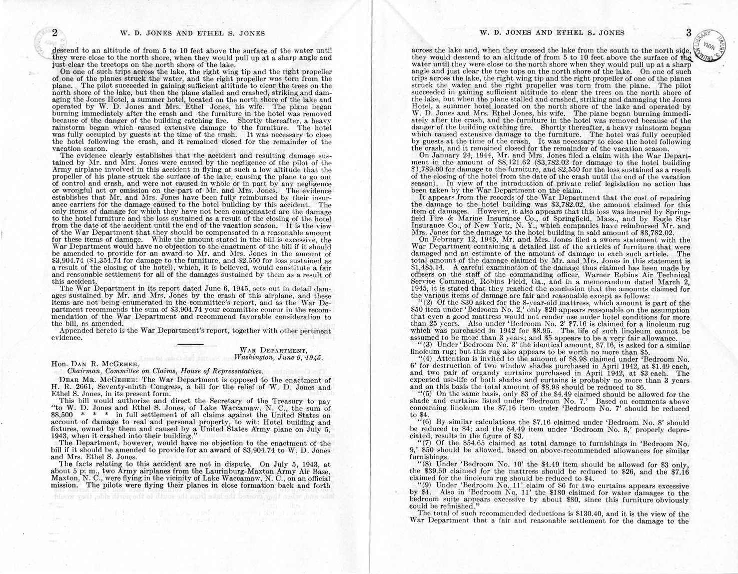 Memorandum from Frederick J. Bailey to M. C. Latta, H. R. 2661, For the Relief of W. D. Jones and Ethel S. Jones, with Attachments