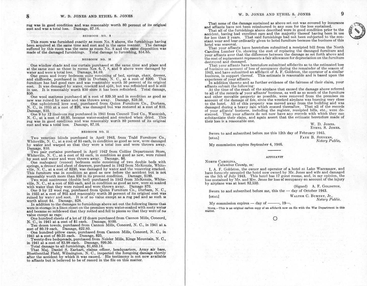 Memorandum from Frederick J. Bailey to M. C. Latta, H. R. 2661, For the Relief of W. D. Jones and Ethel S. Jones, with Attachments
