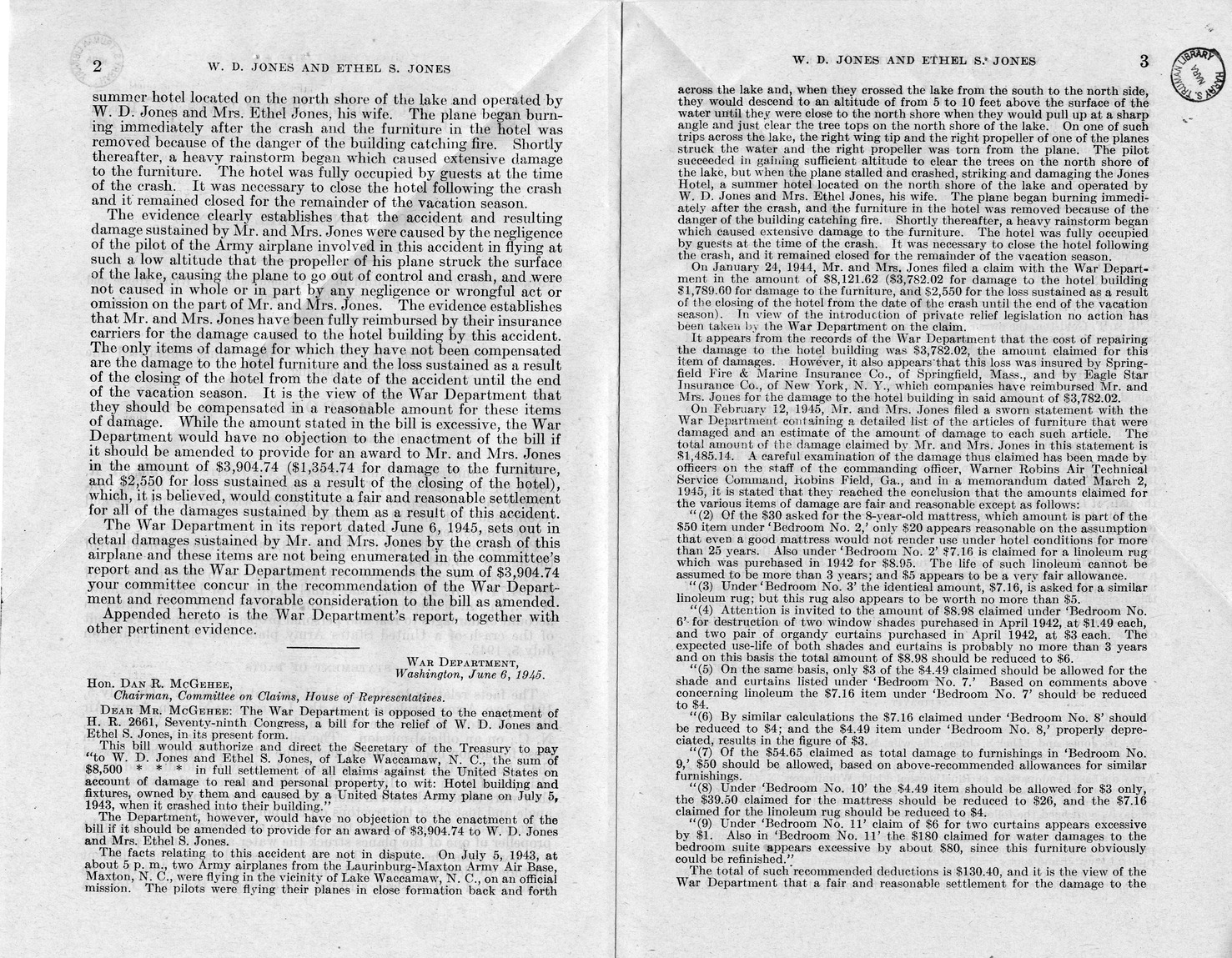 Memorandum from Frederick J. Bailey to M. C. Latta, H. R. 2661, For the Relief of W. D. Jones and Ethel S. Jones, with Attachments