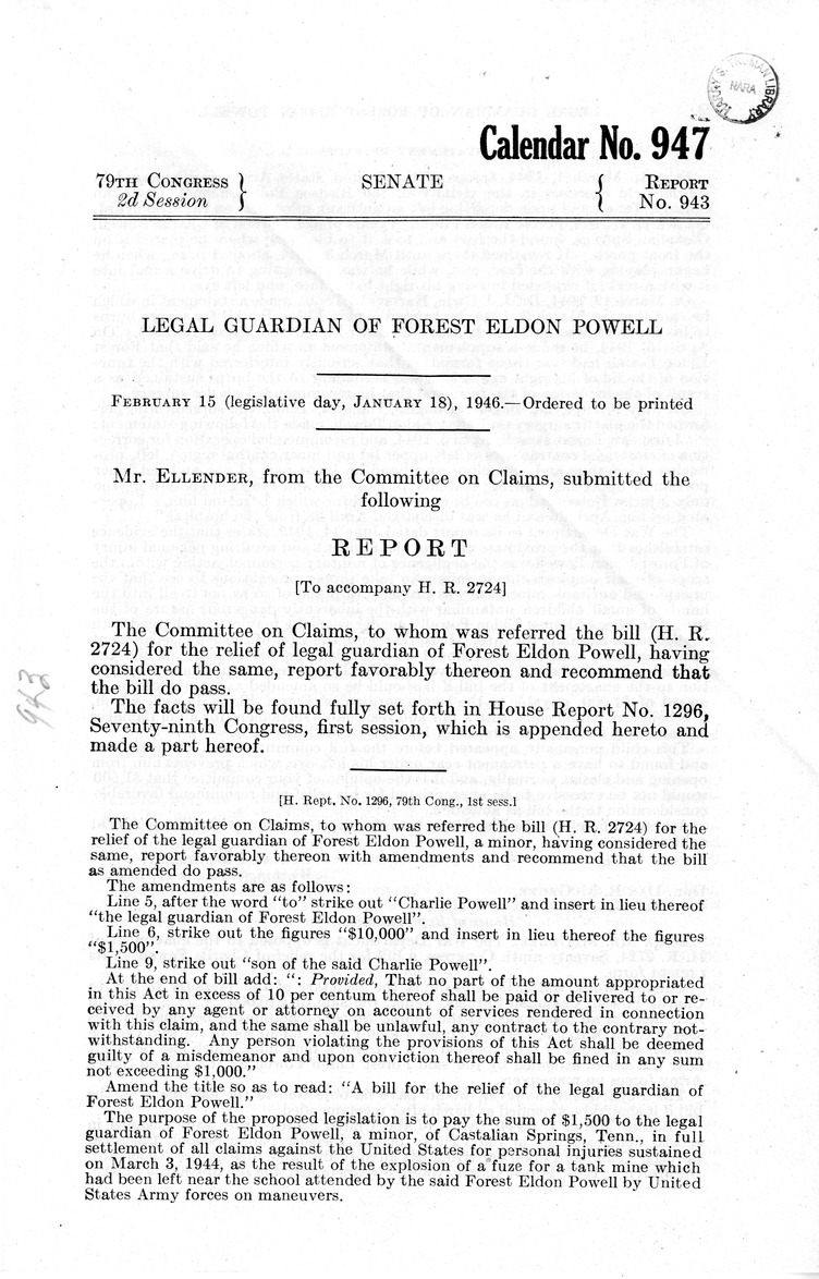 Memorandum from Frederick J. Bailey to M. C. Latta, H. R. 2724, For the Relief of the Legal Guardian of Forest Eldon Powell, with Attachments