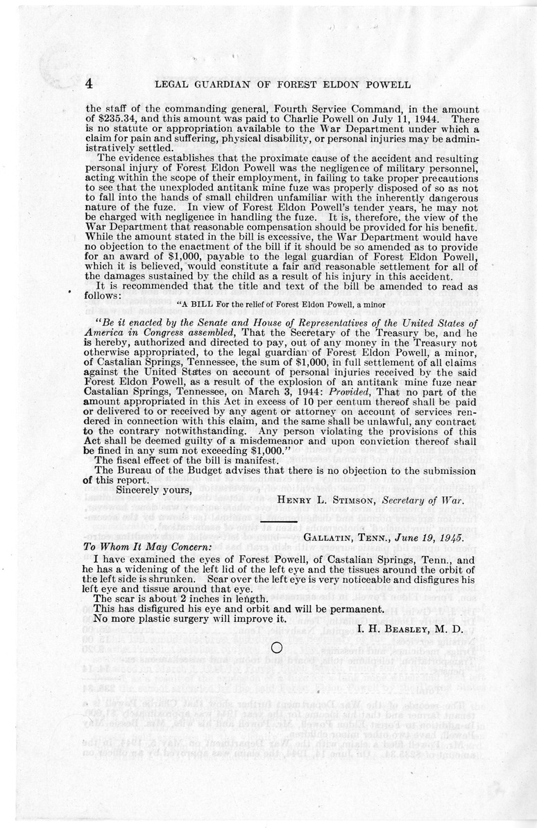 Memorandum from Frederick J. Bailey to M. C. Latta, H. R. 2724, For the Relief of the Legal Guardian of Forest Eldon Powell, with Attachments