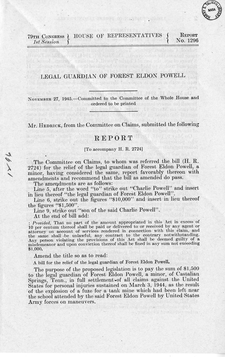 Memorandum from Frederick J. Bailey to M. C. Latta, H. R. 2724, For the Relief of the Legal Guardian of Forest Eldon Powell, with Attachments
