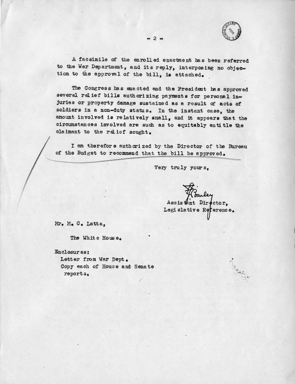 Memorandum from Frederick J. Bailey to M. C. Latta, H. R. 2728, For the Relief of R. H. Sindle, with Attachments