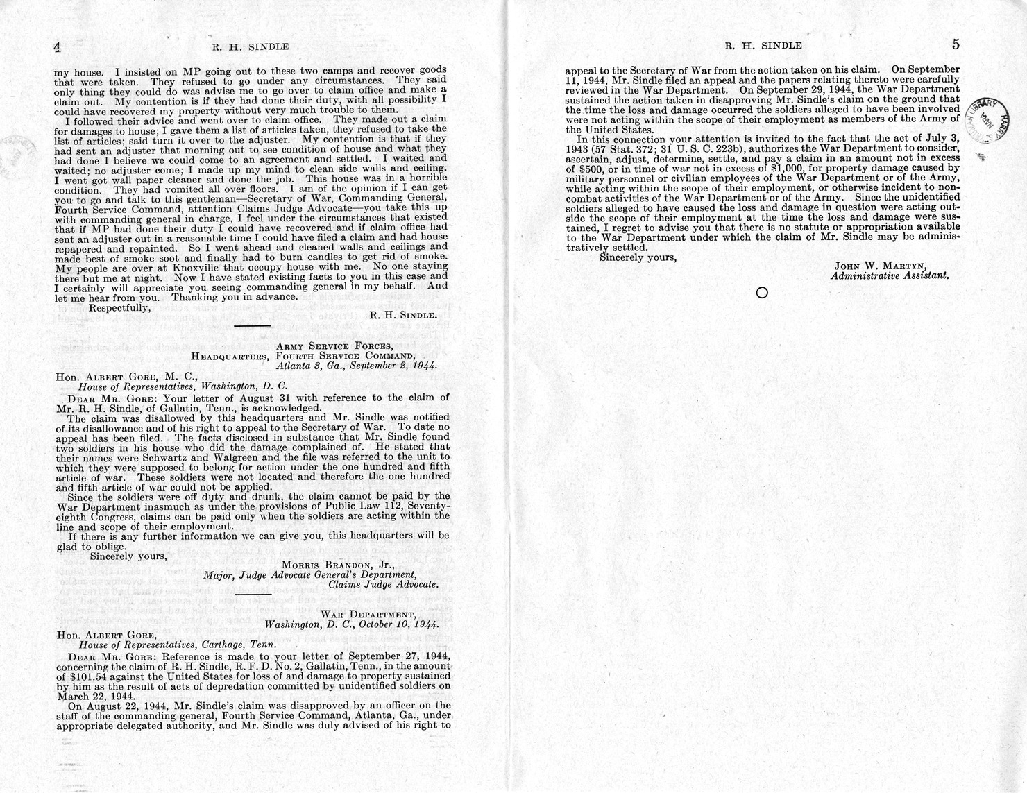 Memorandum from Frederick J. Bailey to M. C. Latta, H. R. 2728, For the Relief of R. H. Sindle, with Attachments