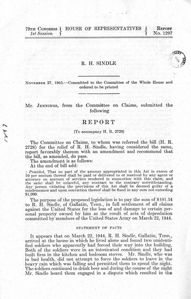 Memorandum from Frederick J. Bailey to M. C. Latta, H. R. 2728, For the Relief of R. H. Sindle, with Attachments