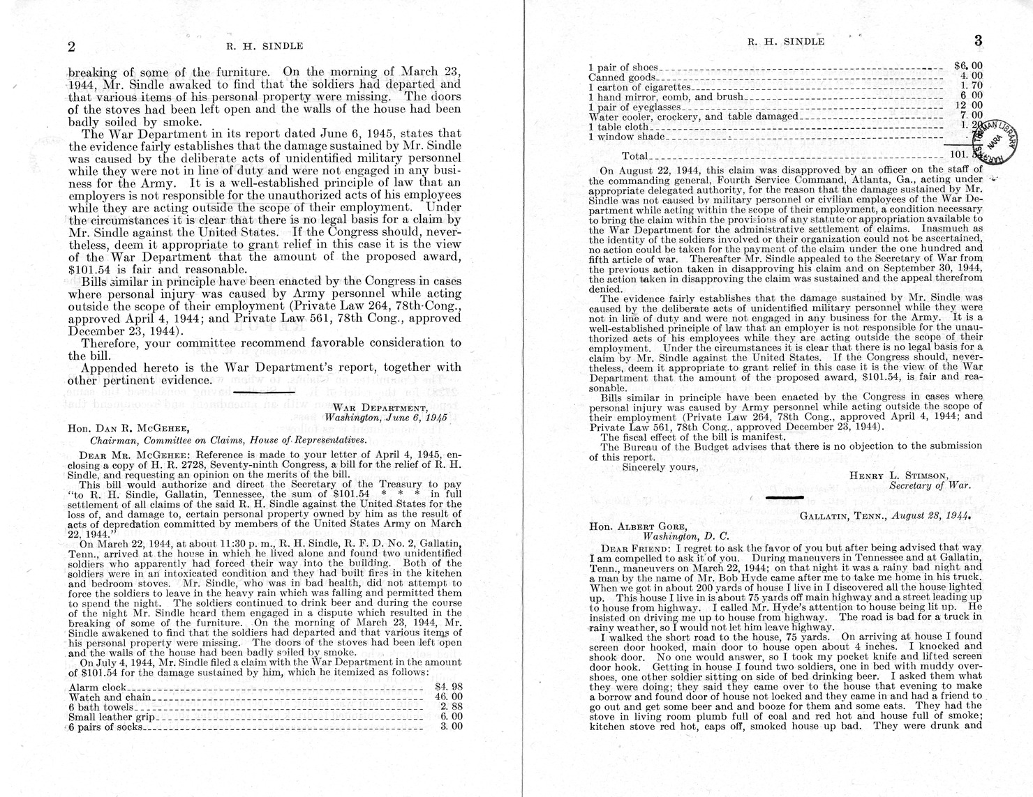 Memorandum from Frederick J. Bailey to M. C. Latta, H. R. 2728, For the Relief of R. H. Sindle, with Attachments