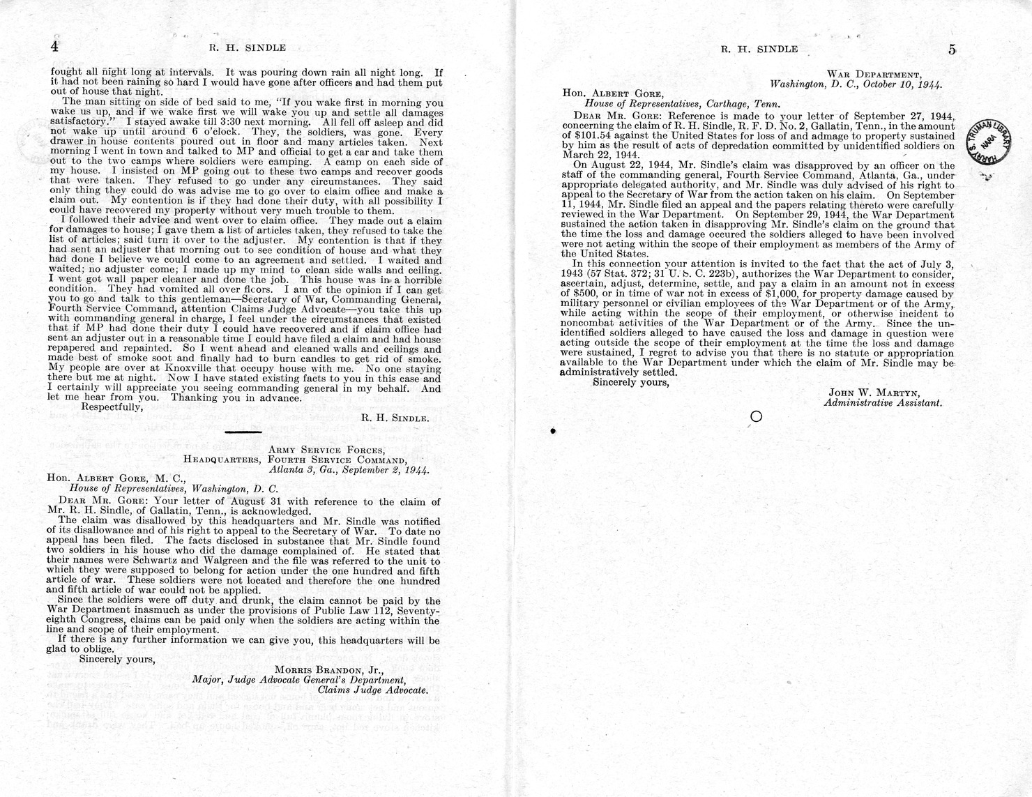 Memorandum from Frederick J. Bailey to M. C. Latta, H. R. 2728, For the Relief of R. H. Sindle, with Attachments