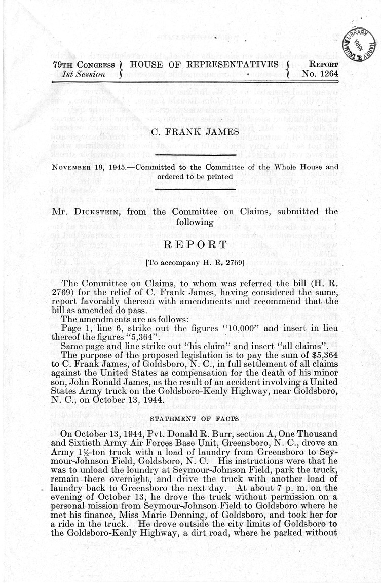 Memorandum from Frederick J. Bailey to M. C. Latta, H. R. 2769, For the Relief of C. Frank James, with Attachments