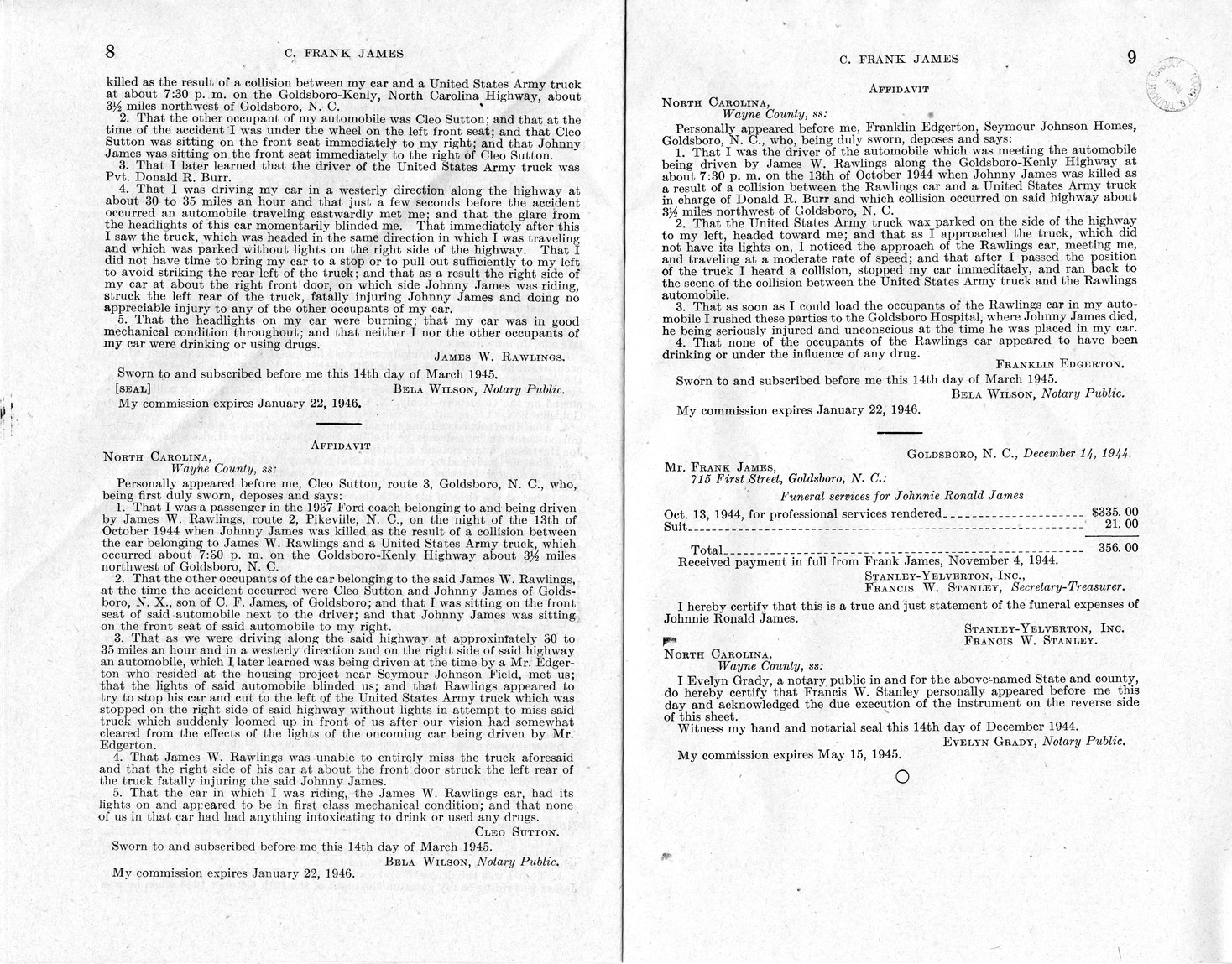 Memorandum from Frederick J. Bailey to M. C. Latta, H. R. 2769, For the Relief of C. Frank James, with Attachments