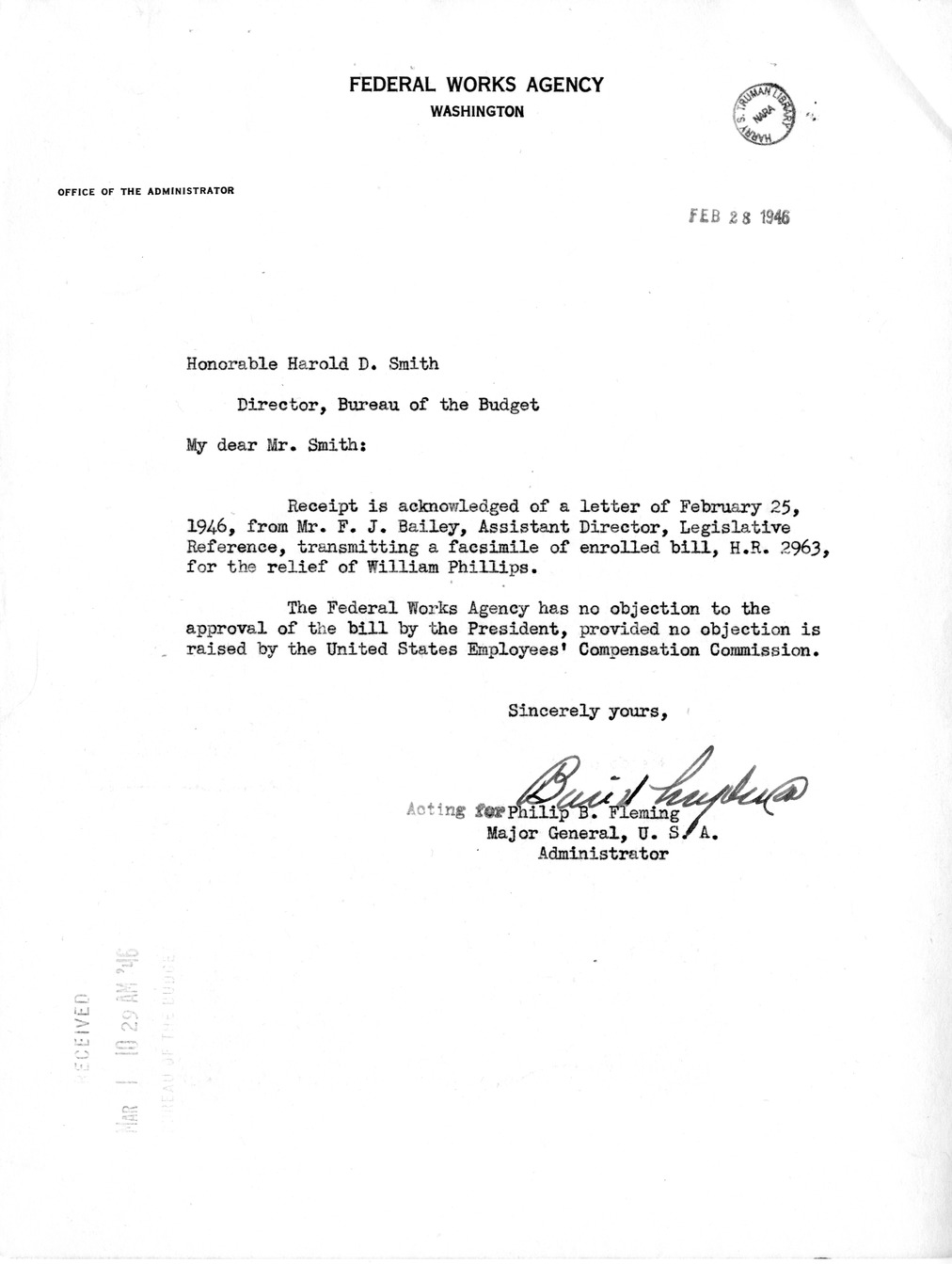 Memorandum from Frederick J. Bailey to M. C. Latta, H. R. 2963, For the Relief of William Phillips, with Attachments