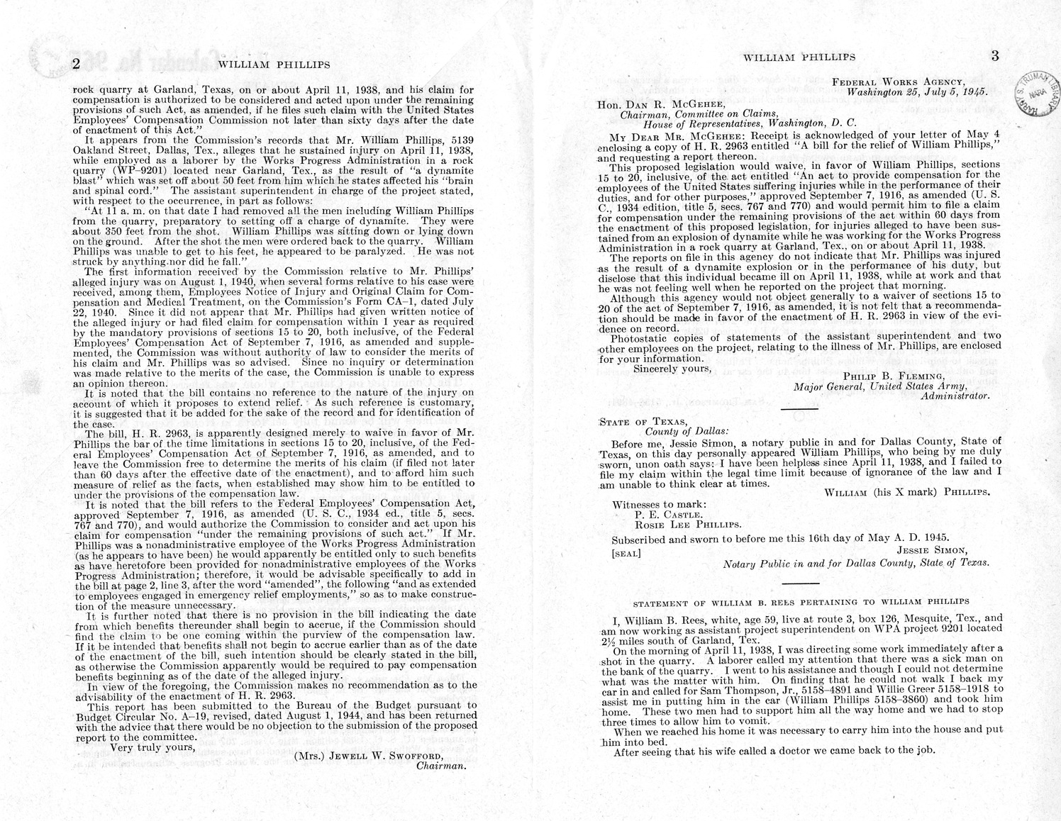 Memorandum from Frederick J. Bailey to M. C. Latta, H. R. 2963, For the Relief of William Phillips, with Attachments