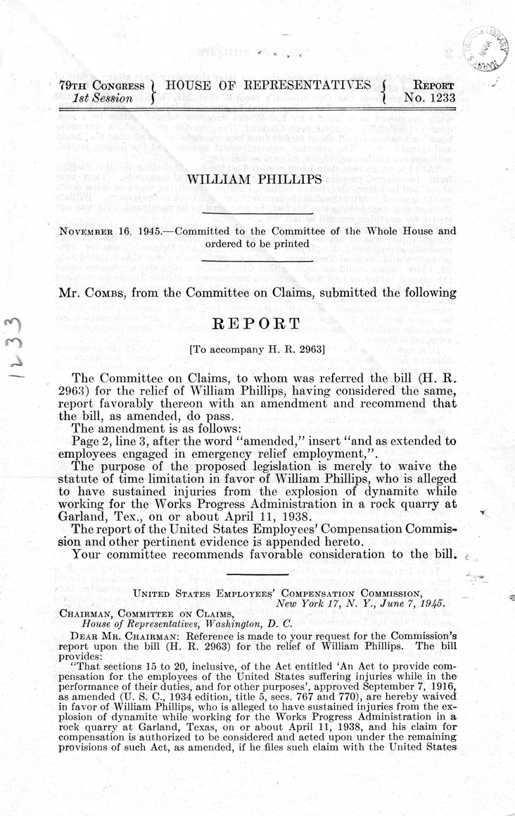 Memorandum from Frederick J. Bailey to M. C. Latta, H. R. 2963, For the Relief of William Phillips, with Attachments