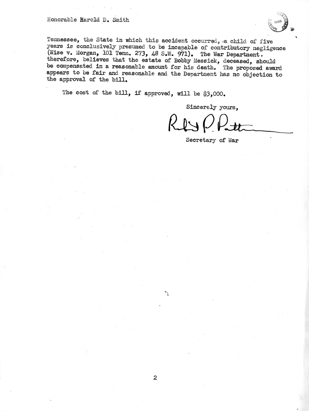 Memorandum from Frederick J. Bailey to M. C. Latta, H. R. 2974, For the Relief of the Estate of Bobby Messick, with Attachments