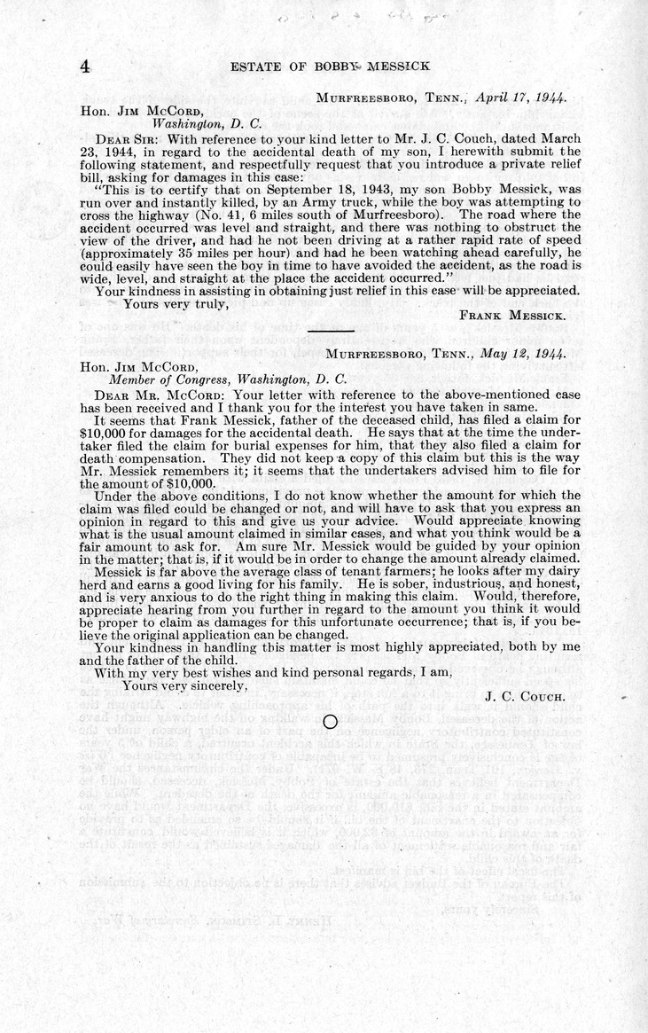 Memorandum from Frederick J. Bailey to M. C. Latta, H. R. 2974, For the Relief of the Estate of Bobby Messick, with Attachments