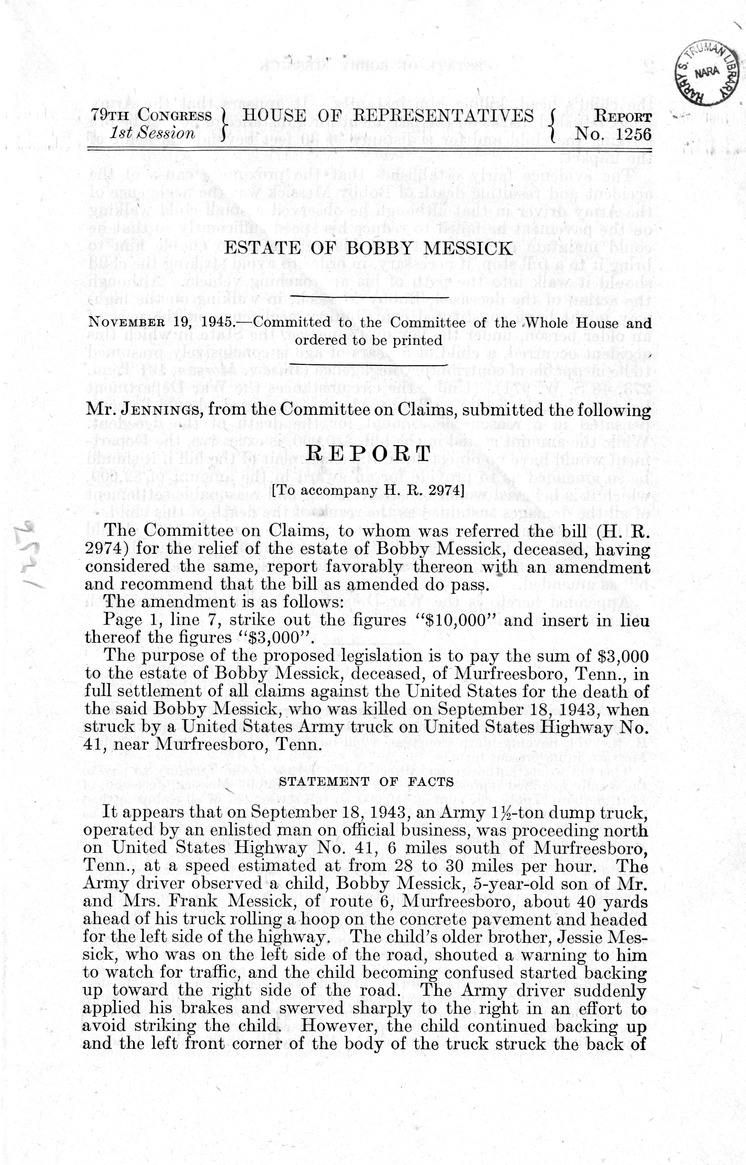 Memorandum from Frederick J. Bailey to M. C. Latta, H. R. 2974, For the Relief of the Estate of Bobby Messick, with Attachments