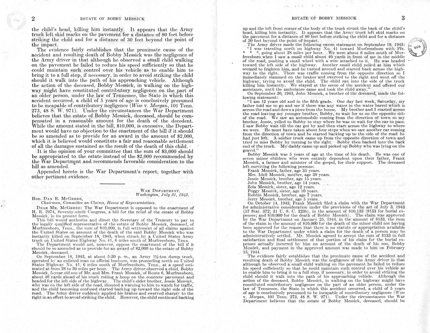 Memorandum from Frederick J. Bailey to M. C. Latta, H. R. 2974, For the Relief of the Estate of Bobby Messick, with Attachments