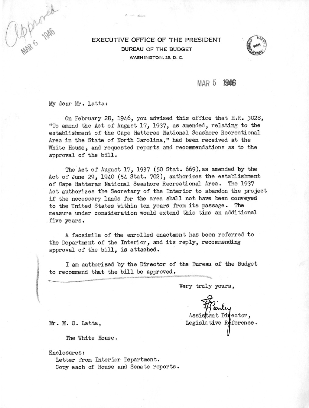 Memorandum from Frederick J. Bailey to M. C. Latta, H. R. 3028, To Amend the Act of August 17, 1937, Relating to the Establishment of the Cape Hatteras National Seashore Recreational Area in the State of North Carolina, with Attachments