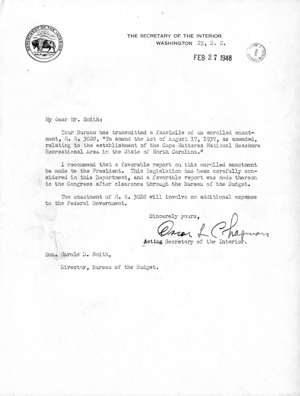 Memorandum from Frederick J. Bailey to M. C. Latta, H. R. 3028, To Amend the Act of August 17, 1937, Relating to the Establishment of the Cape Hatteras National Seashore Recreational Area in the State of North Carolina, with Attachments