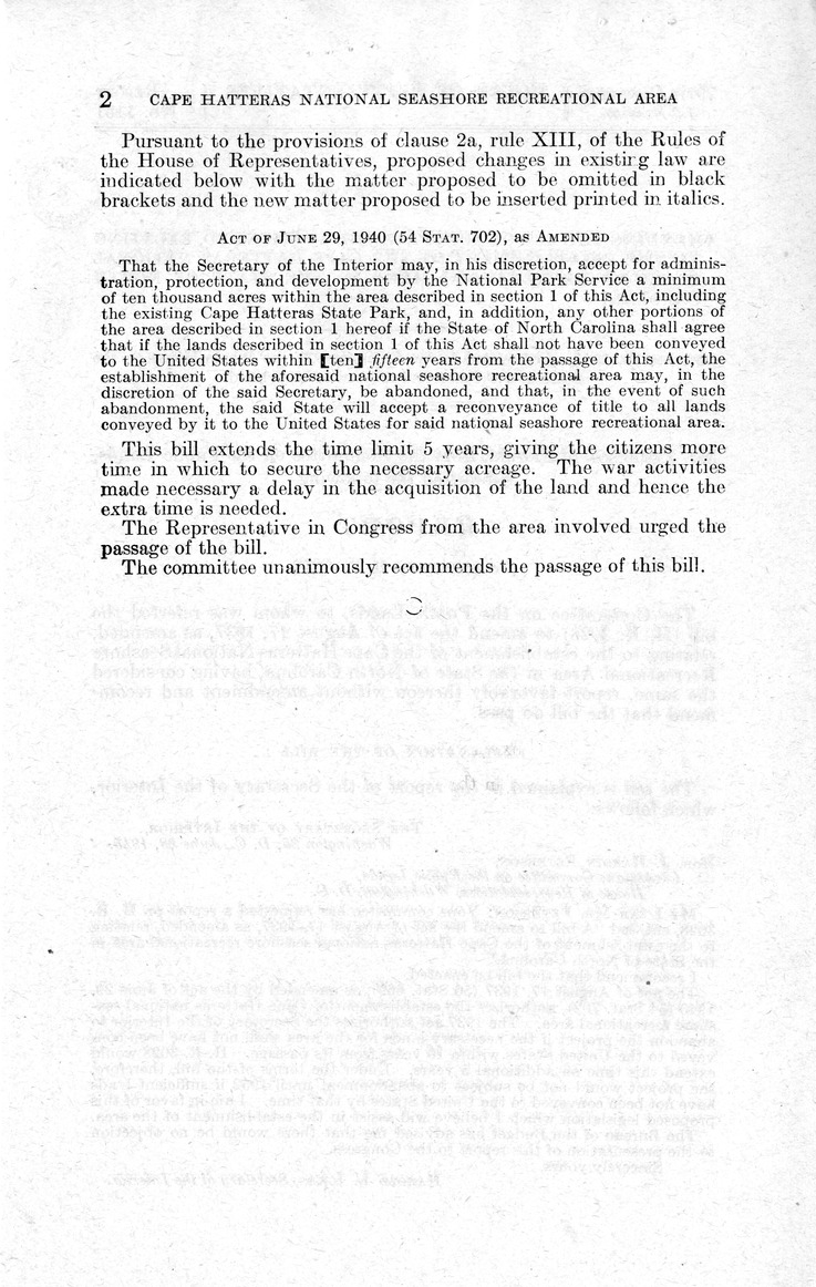 Memorandum from Frederick J. Bailey to M. C. Latta, H. R. 3028, To Amend the Act of August 17, 1937, Relating to the Establishment of the Cape Hatteras National Seashore Recreational Area in the State of North Carolina, with Attachments