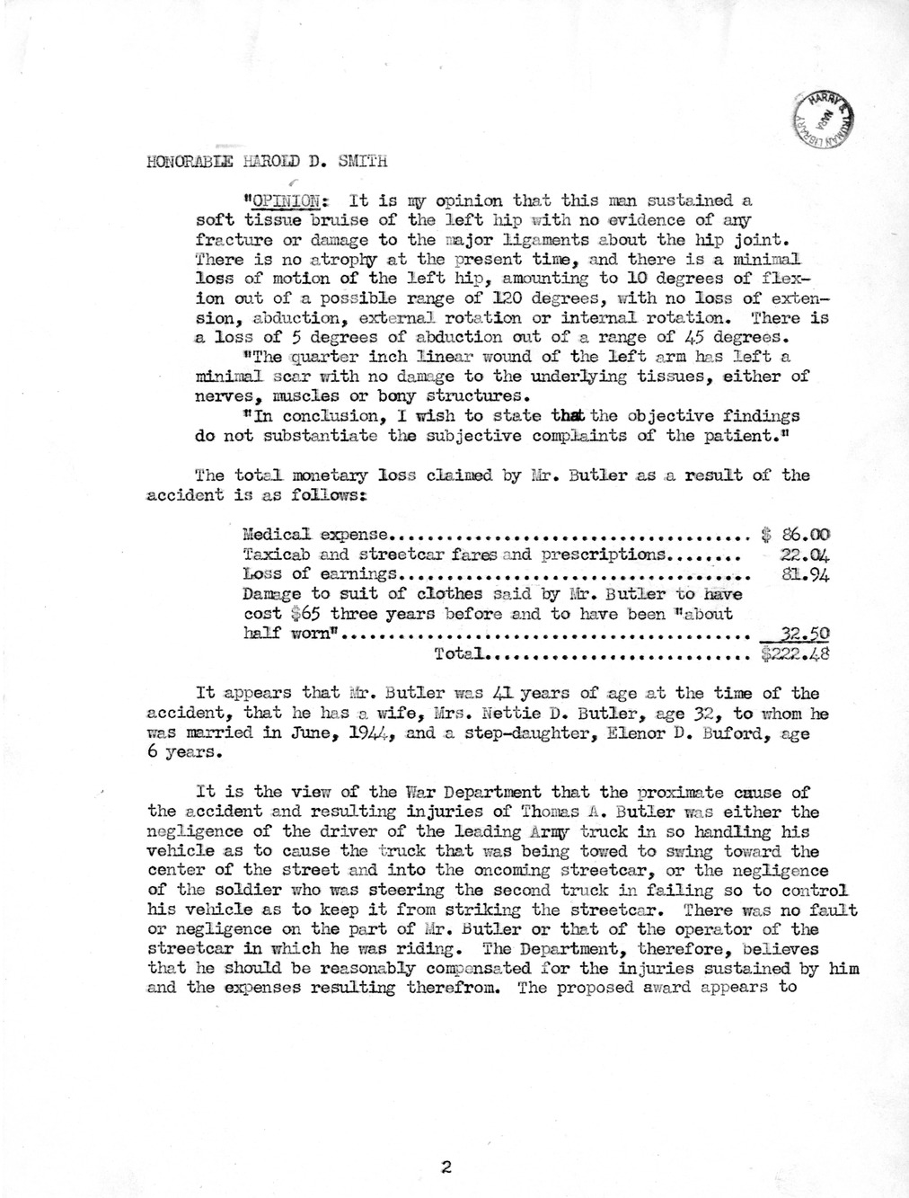 Memorandum from Frederick J. Bailey to M. C. Latta, H. R. 3046, For the Relief of Thomas A. Butler, with Attachments