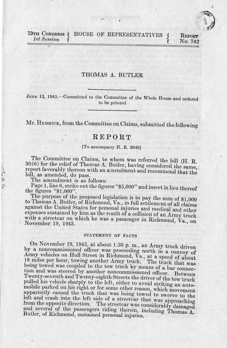 Memorandum from Frederick J. Bailey to M. C. Latta, H. R. 3046, For the Relief of Thomas A. Butler, with Attachments