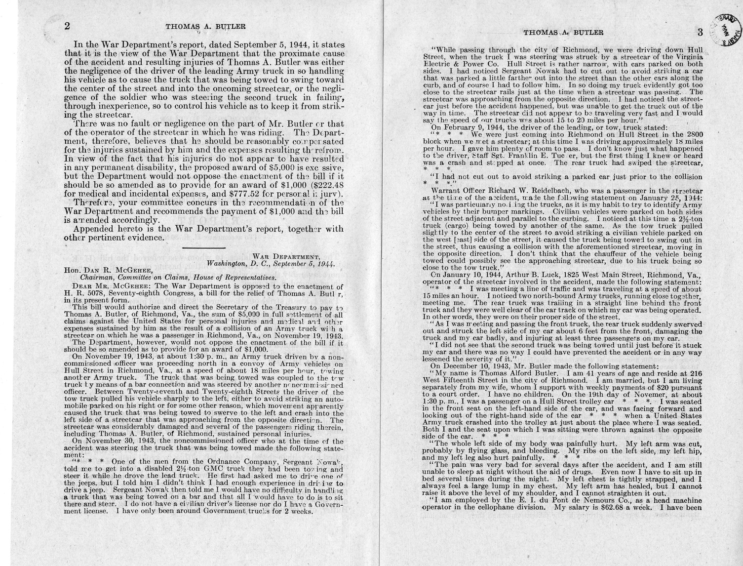 Memorandum from Frederick J. Bailey to M. C. Latta, H. R. 3046, For the Relief of Thomas A. Butler, with Attachments