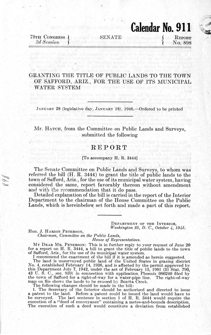 Memorandum from Frederick J. Bailey to M. C. Latta, H. R. 3444, To Grant the Title of Public Lands to the Town of Safford, Arizona, for the Use of its Municipal Water System, with Attachments