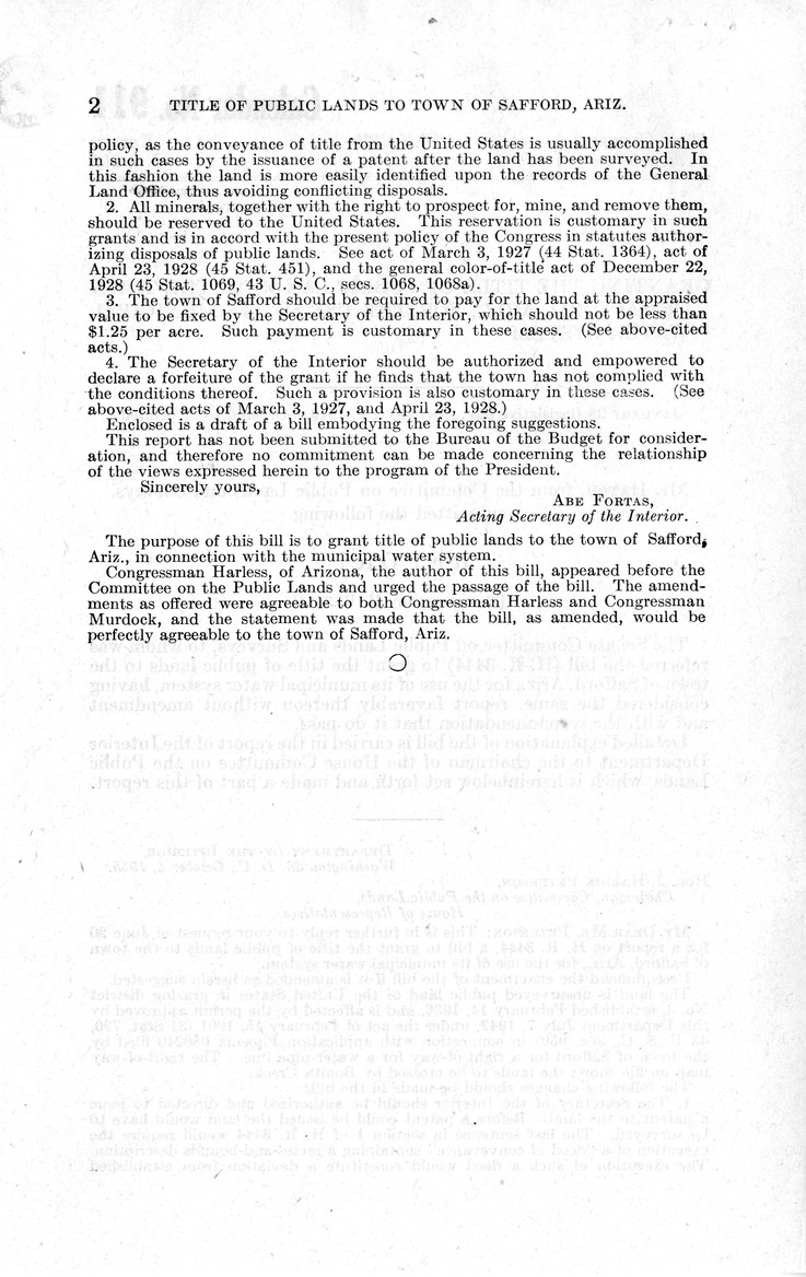Memorandum from Frederick J. Bailey to M. C. Latta, H. R. 3444, To Grant the Title of Public Lands to the Town of Safford, Arizona, for the Use of its Municipal Water System, with Attachments