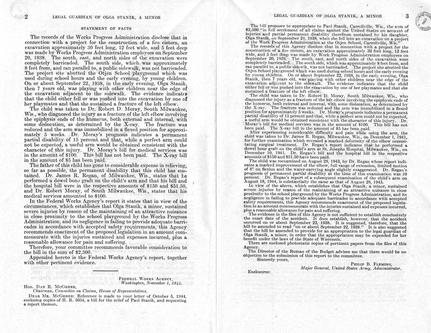 Memorandum from Frederick J. Bailey to M. C. Latta, H. R. 3514, For the Relief of the Legal Guardian of Olga Stanik, a Minor, with Attachments