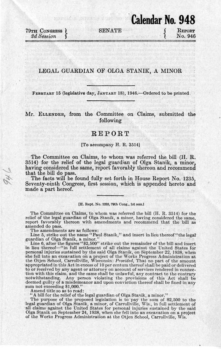 Memorandum from Frederick J. Bailey to M. C. Latta, H. R. 3514, For the Relief of the Legal Guardian of Olga Stanik, a Minor, with Attachments