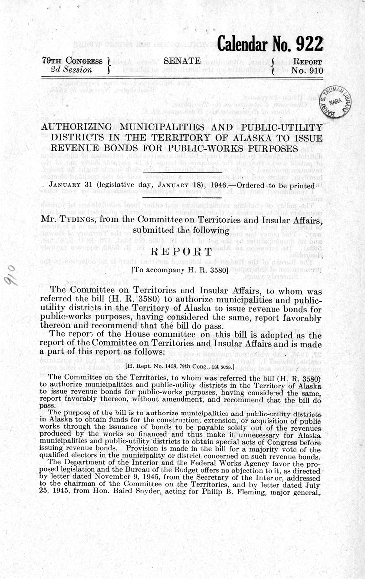 Memorandum from Frederick J. Bailey to M. C. Latta, H. R. 3580, To Authorize Municipalities and Public Utility Districts in the Territory of Alaska to Issue Revenue Bonds for Public-Works Purposes, with Attachments