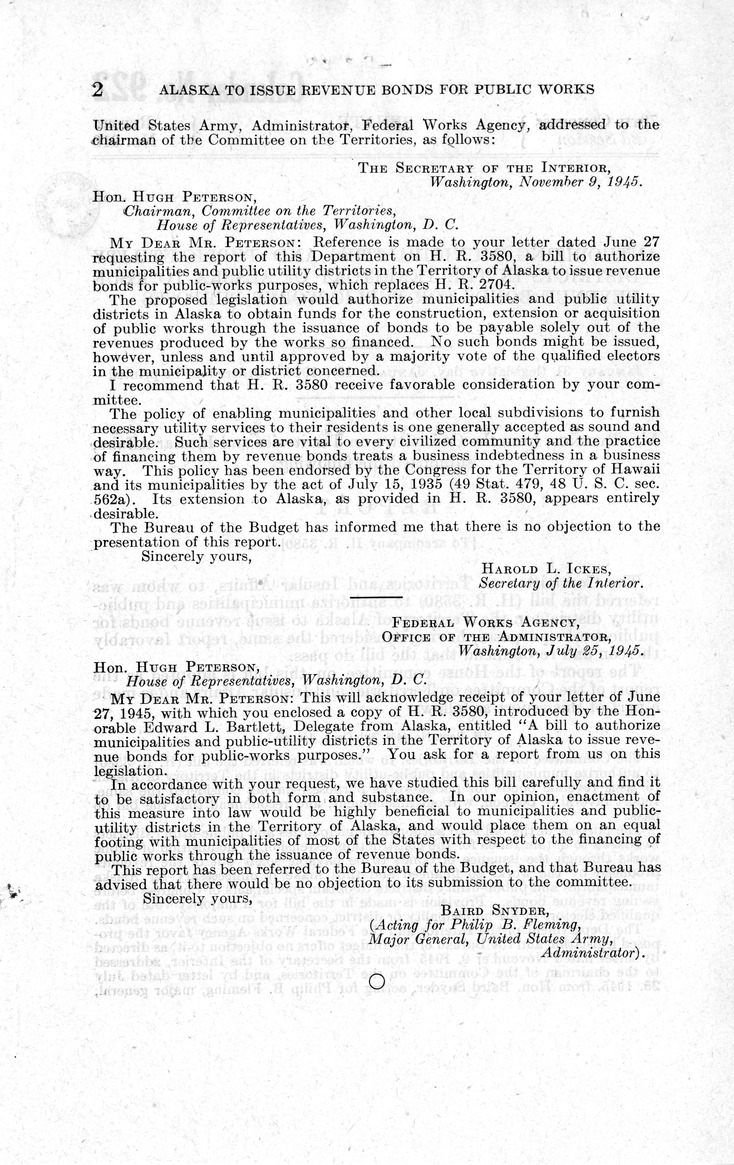 Memorandum from Frederick J. Bailey to M. C. Latta, H. R. 3580, To Authorize Municipalities and Public Utility Districts in the Territory of Alaska to Issue Revenue Bonds for Public-Works Purposes, with Attachments