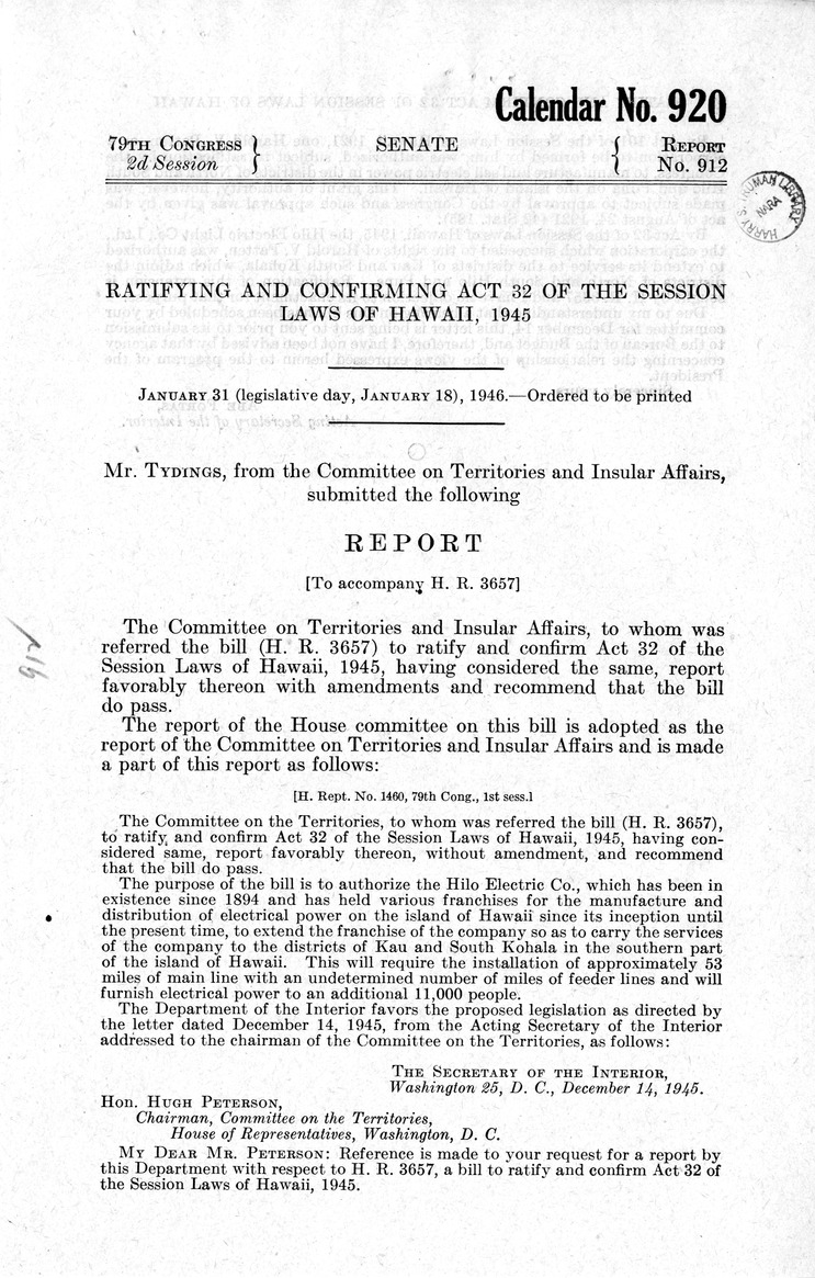 Memorandum from Frederick J. Bailey to M. C. Latta, H. R. 3657, To Ratify and Confirm Act 32 of the Session Laws of Hawaii, 1945, with Attachments