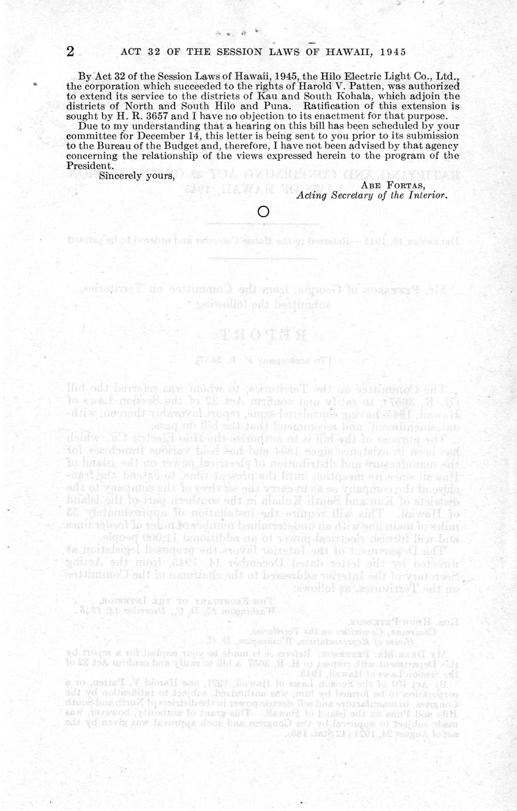 Memorandum from Frederick J. Bailey to M. C. Latta, H. R. 3657, To Ratify and Confirm Act 32 of the Session Laws of Hawaii, 1945, with Attachments