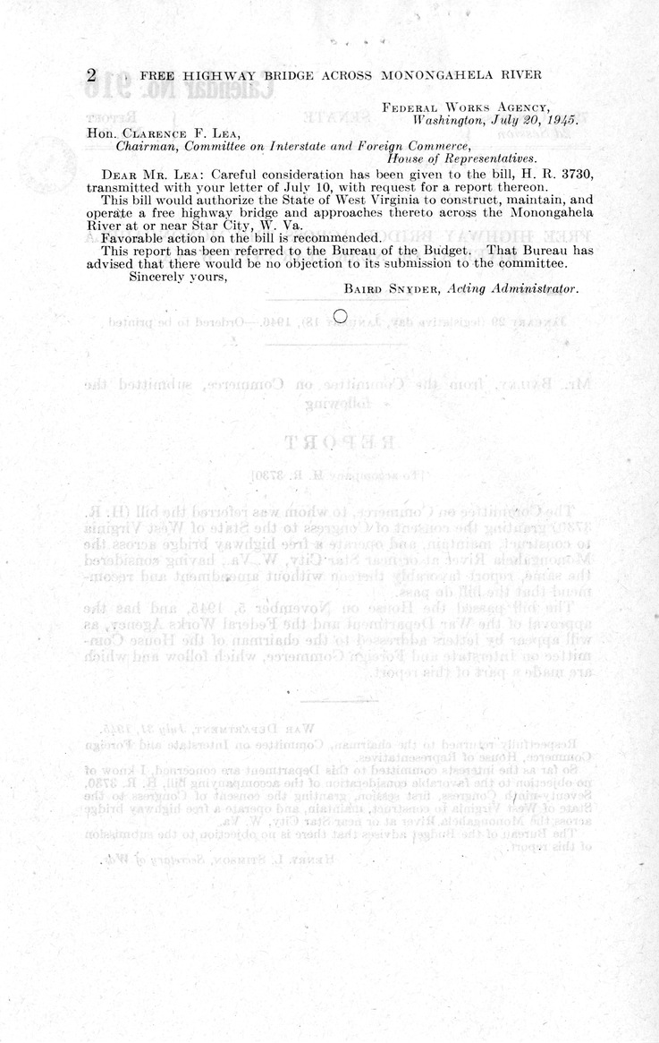 Memorandum from Frederick J. Bailey to M. C. Latta, H. R. 3730, Granting the Consent of Congress to the State of West Virginia to Construct, Maintain, and Operate a Free Highway Bridge Across the Monongahela River at or Near Star City, West Virginia, with Attachments