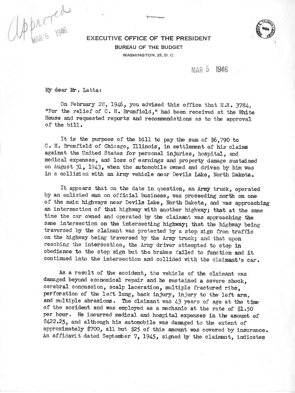 Memorandum from Frederick J. Bailey to M. C. Latta, H. R. 3784, For the Relief of C. H. Brumfield, with Attachments